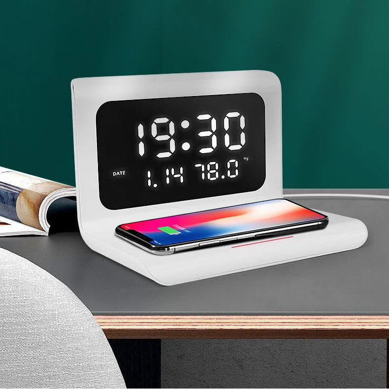 Wireless charger alarm clock with calendar display and temperature humidity monitor in black or white