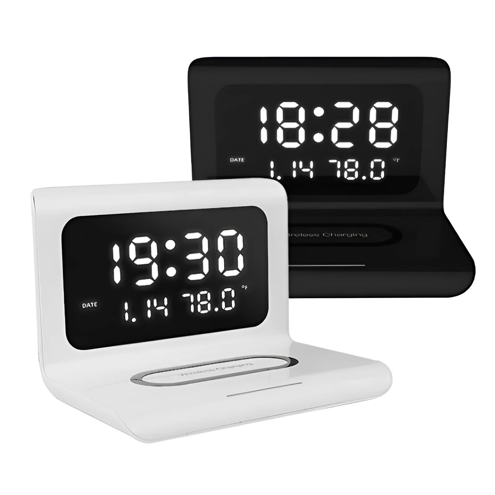 Wireless charger alarm clock with calendar display and temperature humidity monitor in black or white