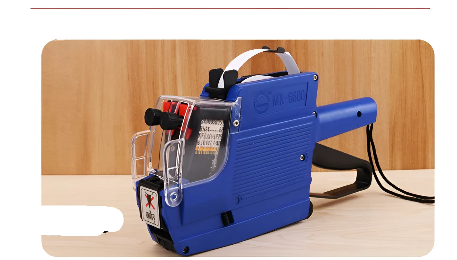 Manual price coding machine in blue, red, or yellow with ink roller and paper rolls