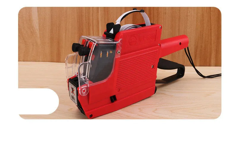 Manual price coding machine in blue, red, or yellow with ink roller and paper rolls