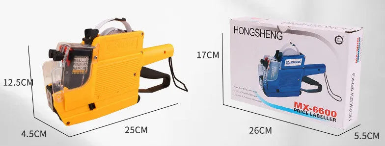 Manual price coding machine in blue, red, or yellow with ink roller and paper rolls