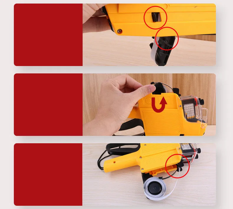 Manual price coding machine in blue, red, or yellow with ink roller and paper rolls