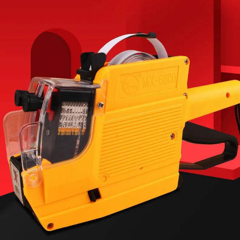 Manual price coding machine in blue, red, or yellow with ink roller and paper rolls