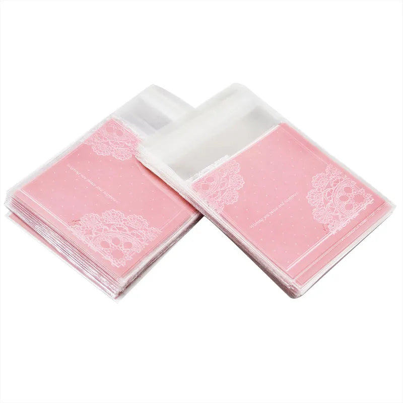 Pink self-adhesive plastic packaging bags for handmade soap with UV printing and adhesive closure