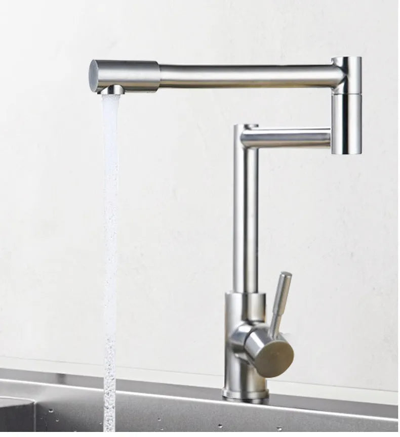 Silver stainless steel mixing tap with 360-degree rotation and lifting mechanism for kitchen or bathroom