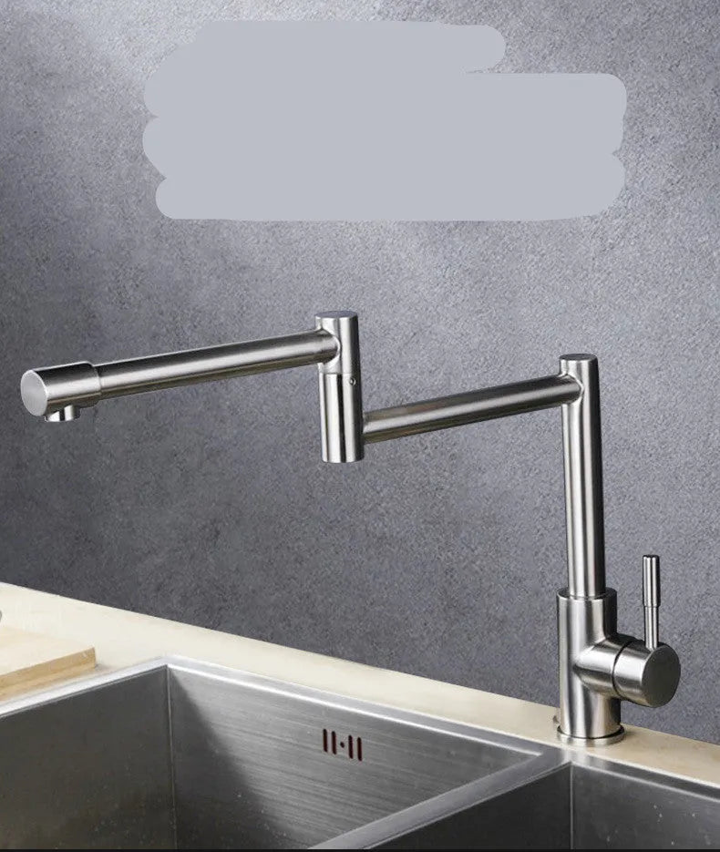Silver stainless steel mixing tap with 360-degree rotation and lifting mechanism for kitchen or bathroom