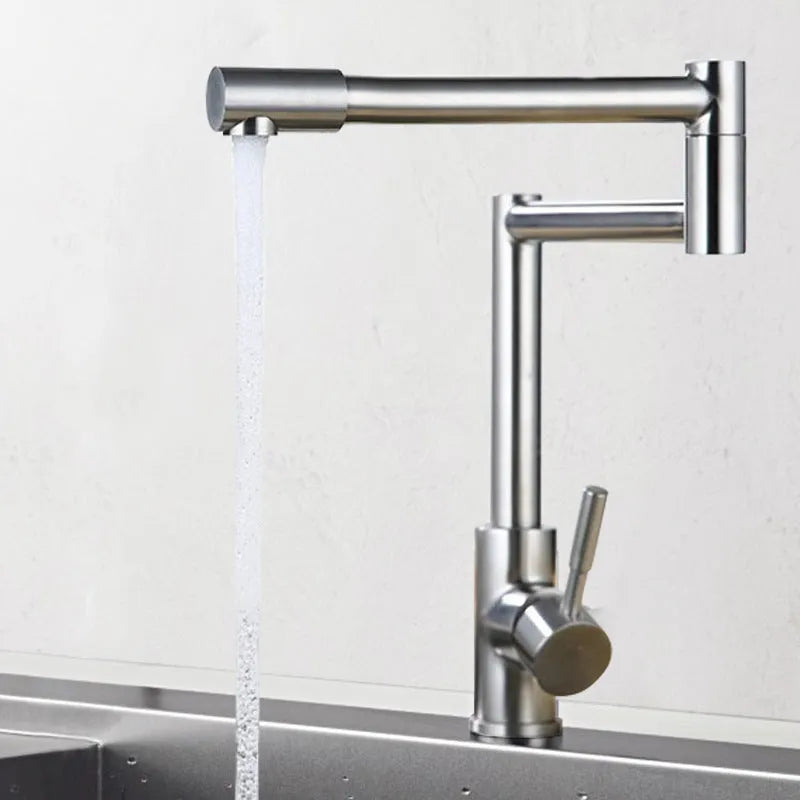 Silver stainless steel mixing tap with 360-degree rotation and lifting mechanism for kitchen or bathroom