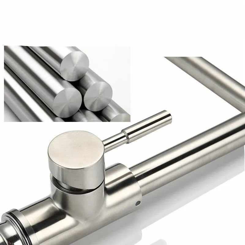 Silver stainless steel mixing tap with 360-degree rotation and lifting mechanism for kitchen or bathroom