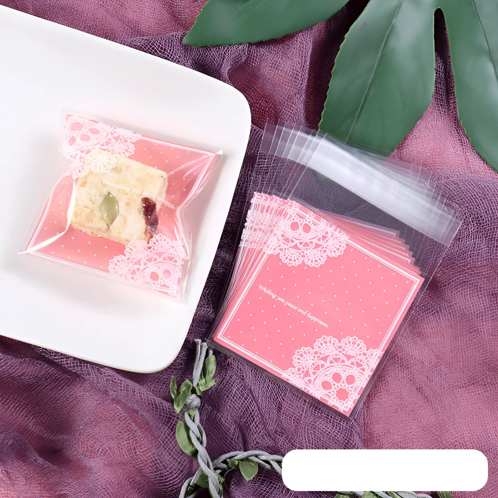 Pink self-adhesive plastic packaging bags for handmade soap with UV printing and adhesive closure