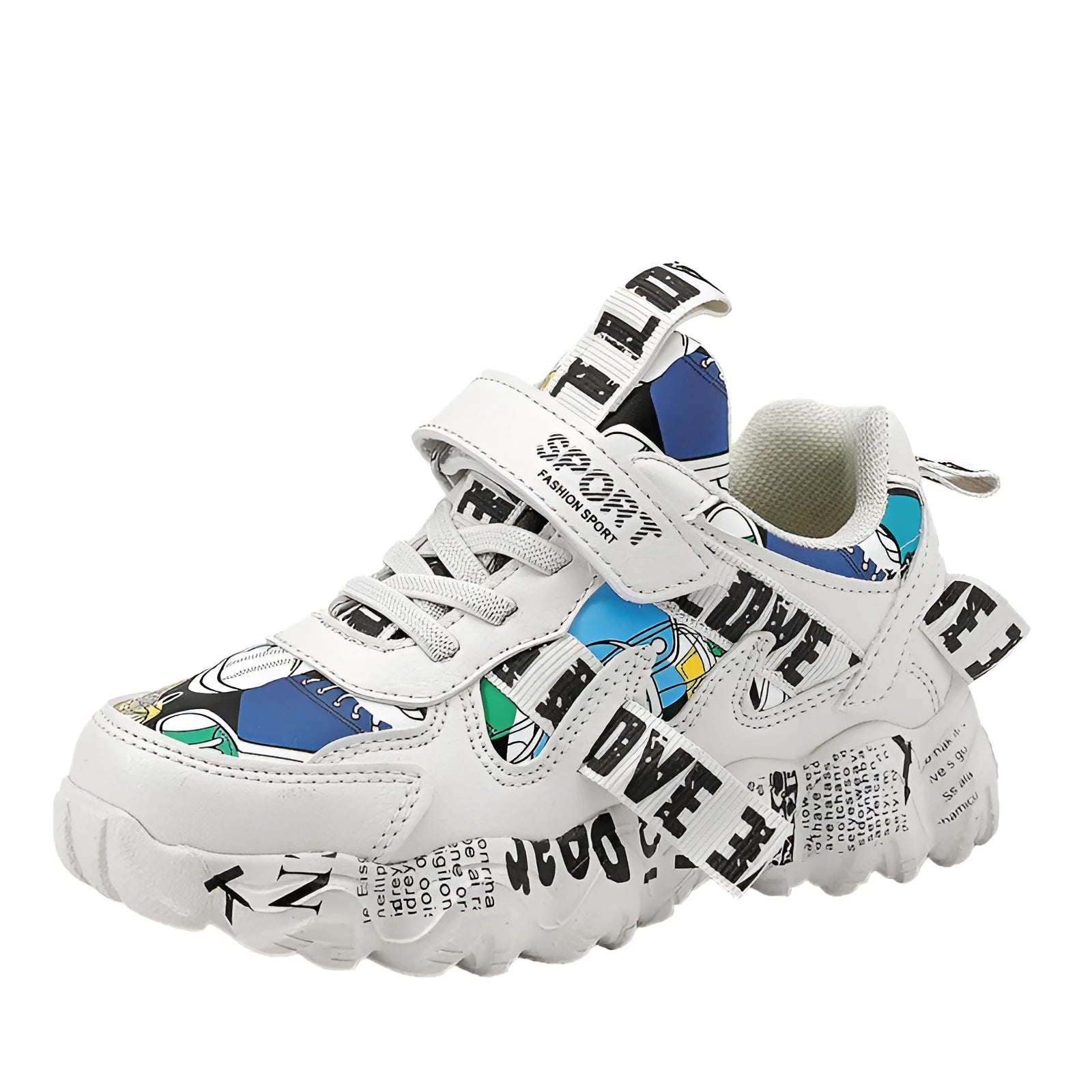 Kids boys sports sneakers with Velcro strap in beige blue and other colour options.