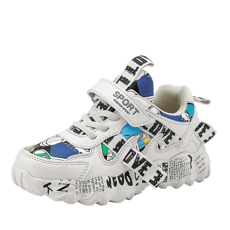 Kids boys sports sneakers with Velcro strap in beige blue and other colour options.