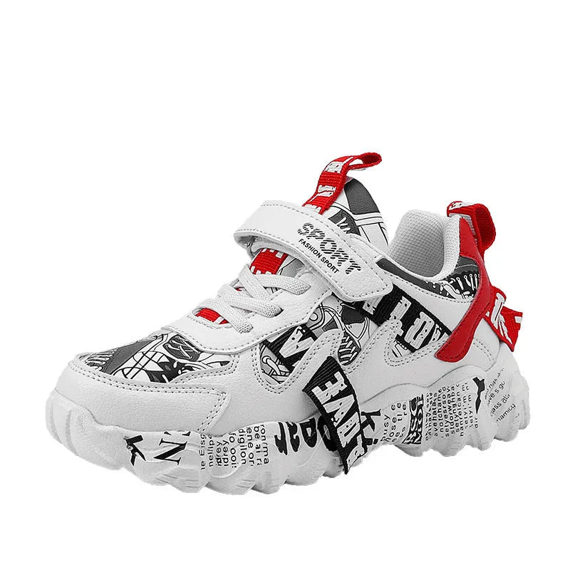 Kids boys sports sneakers with Velcro strap in beige blue and other colour options.