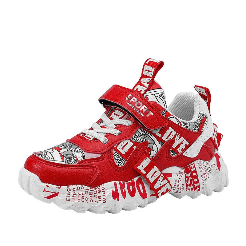 Kids boys sports sneakers with Velcro strap in beige blue and other colour options.