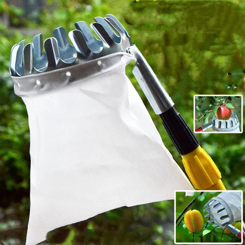 Fruit picker garden tool with steel frame and cloth catcher bag for harvesting tree fruits