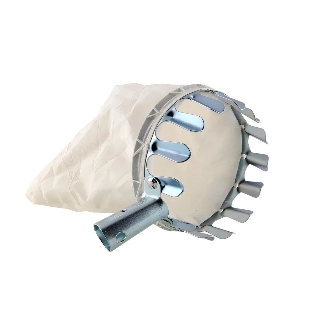 Fruit picker garden tool with steel frame and cloth catcher bag for harvesting tree fruits