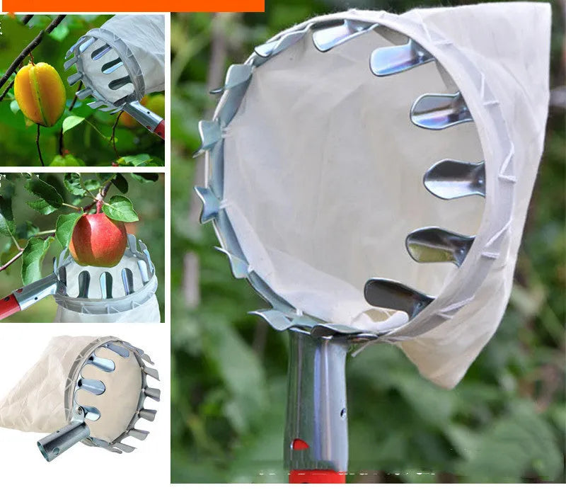 Fruit picker garden tool with steel frame and cloth catcher bag for harvesting tree fruits
