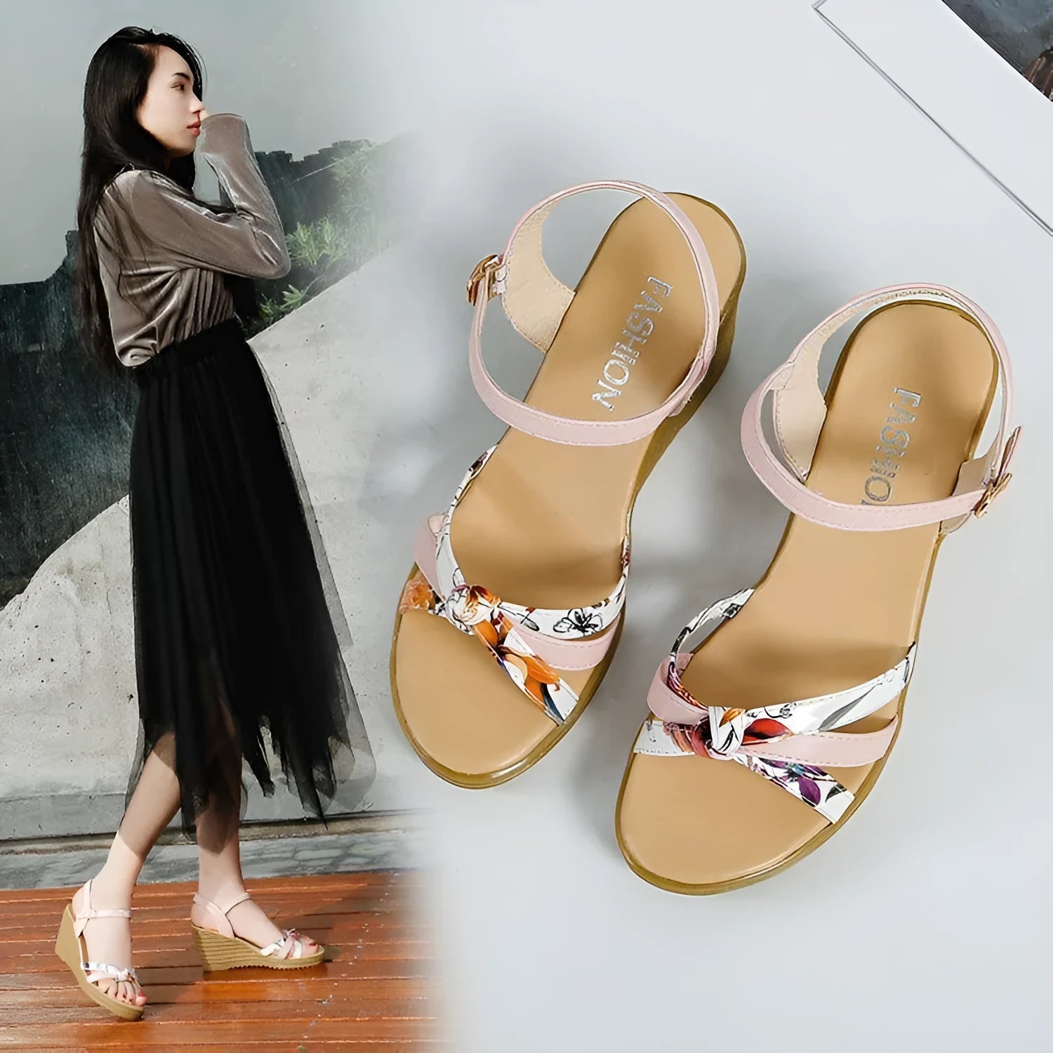 Women's pink wedge sandals with a thick heel, fish mouth toe, and a silver buckle closure on a waterproof platform sole.