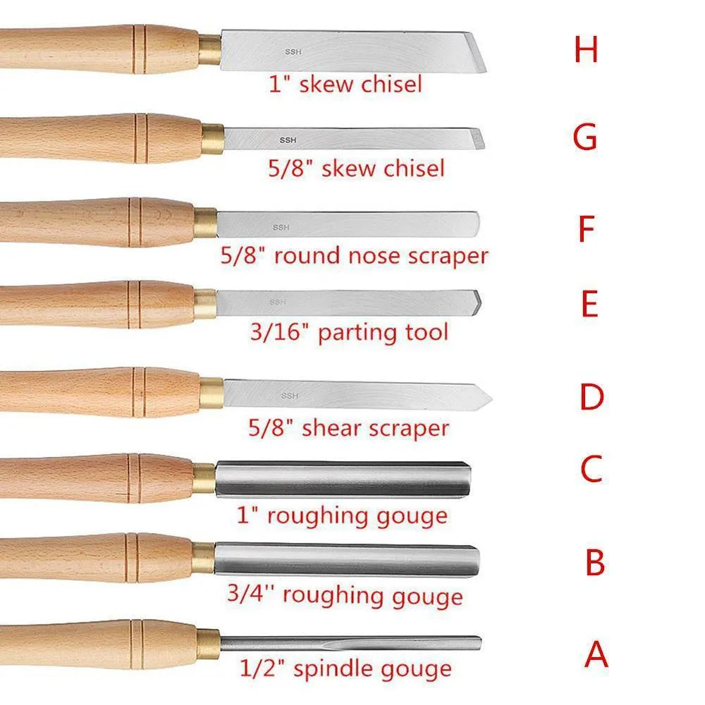 High-end 8-piece wooden box containing chrome vanadium steel woodturning tools for lathe work.