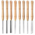 High-end 8-piece wooden box containing chrome vanadium steel woodturning tools for lathe work.