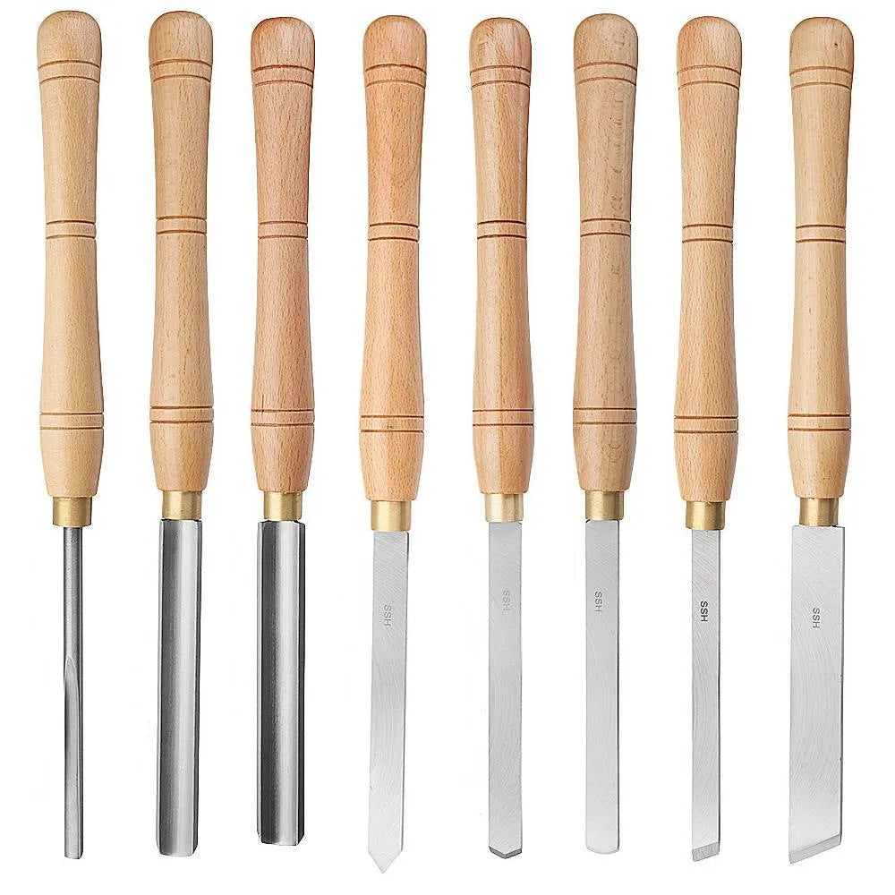 High-end 8-piece wooden box containing chrome vanadium steel woodturning tools for lathe work.