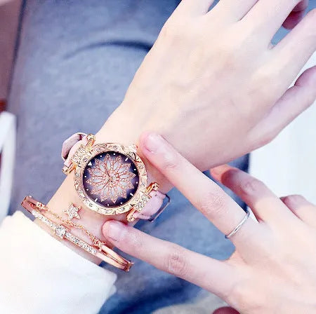 Diamond dial ladies watch with round 32mm case showing red colour option and pin buckle clasp