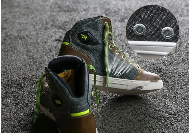 Black and grey motorcycle riding shoes showing casual short boot design with anti-slip soles