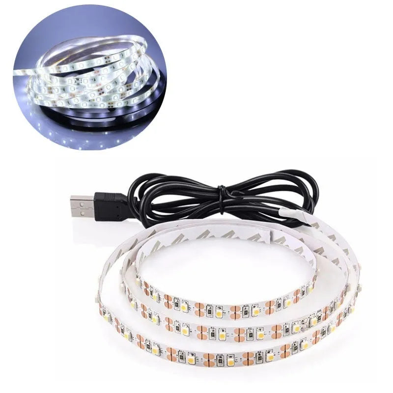 A 1-metre long white USB LED light strip with SMD5050 LEDs and a 50cm USB power cable.