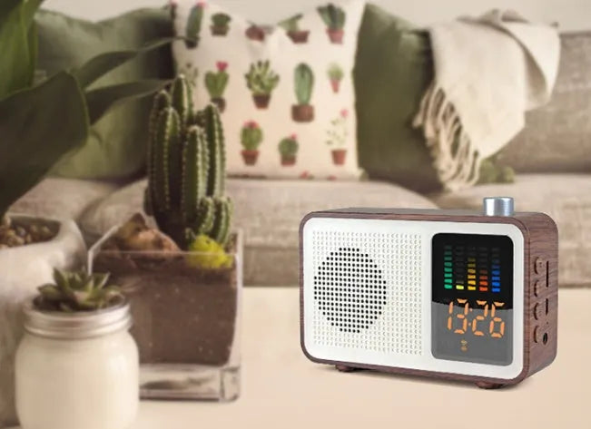 Brown retro radio bluetooth speaker with tuning knob and classic control panel for wireless streaming and radio listening