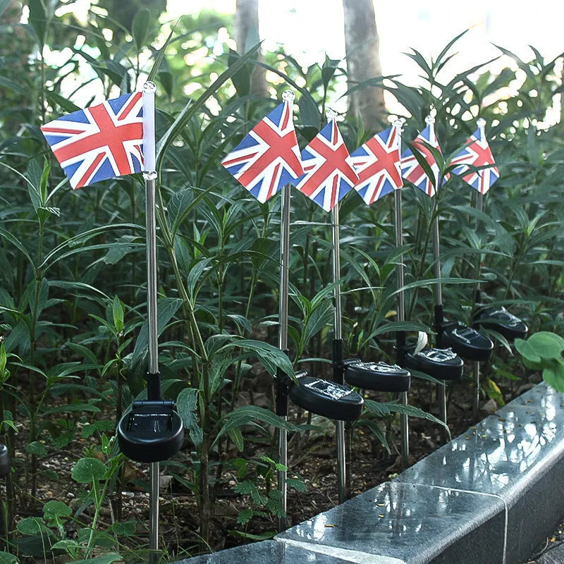 Solar-powered garden flag light with stainless steel frame showing American flag design
