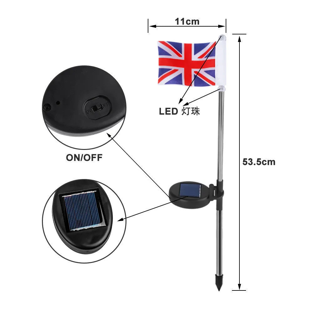 Solar-powered garden flag light with stainless steel frame showing American flag design