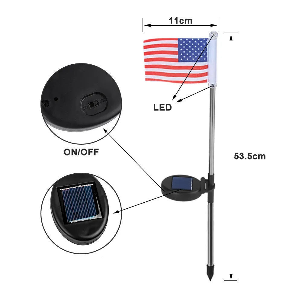Solar-powered garden flag light with stainless steel frame showing American flag design
