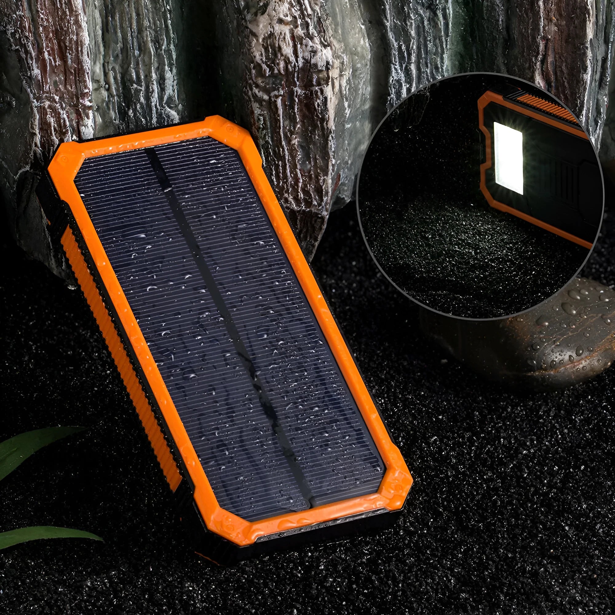 Orange solar power bank showing multi USB ports and compact 161x79x17mm dimensions