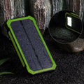 Orange solar power bank showing multi USB ports and compact 161x79x17mm dimensions