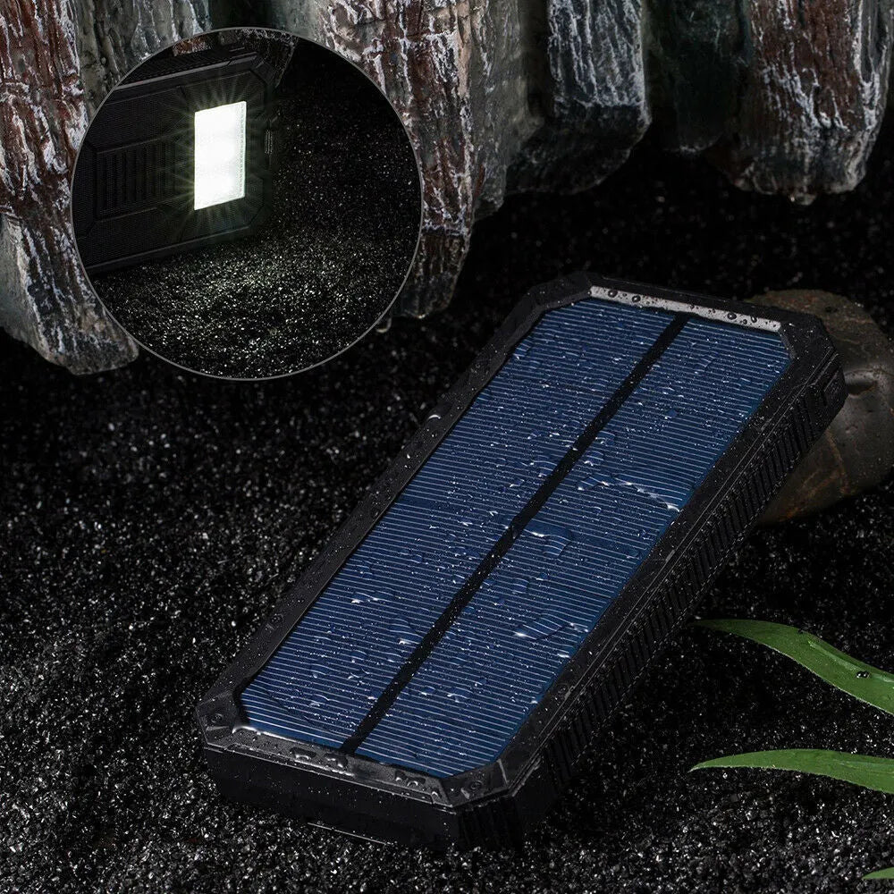 Orange solar power bank showing multi USB ports and compact 161x79x17mm dimensions