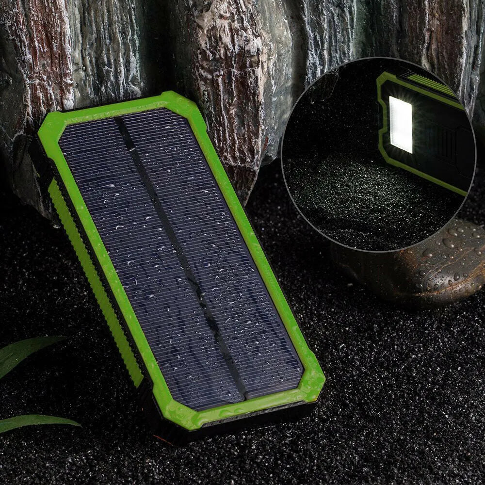 Orange solar power bank showing multi USB ports and compact 161x79x17mm dimensions