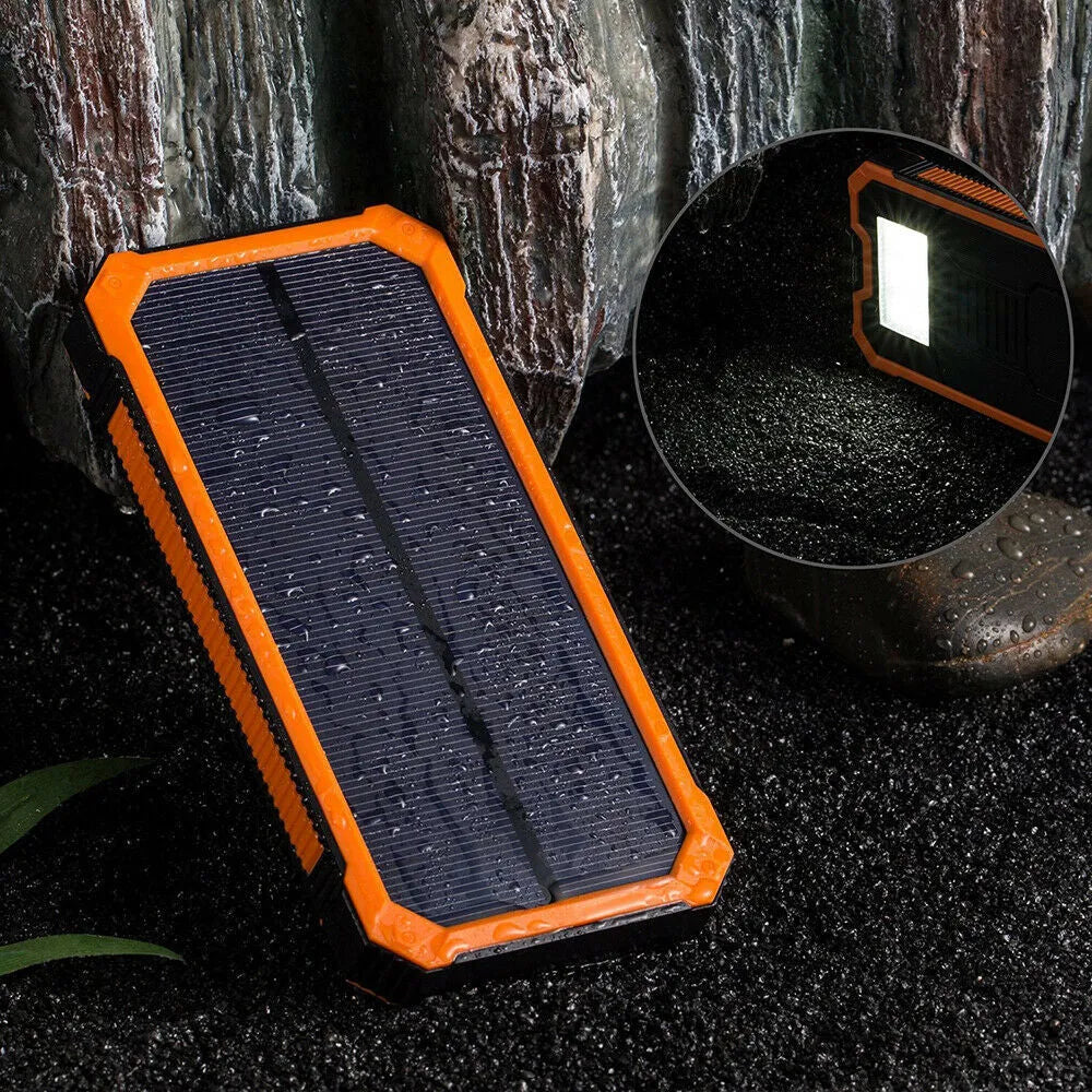 Orange solar power bank showing multi USB ports and compact 161x79x17mm dimensions