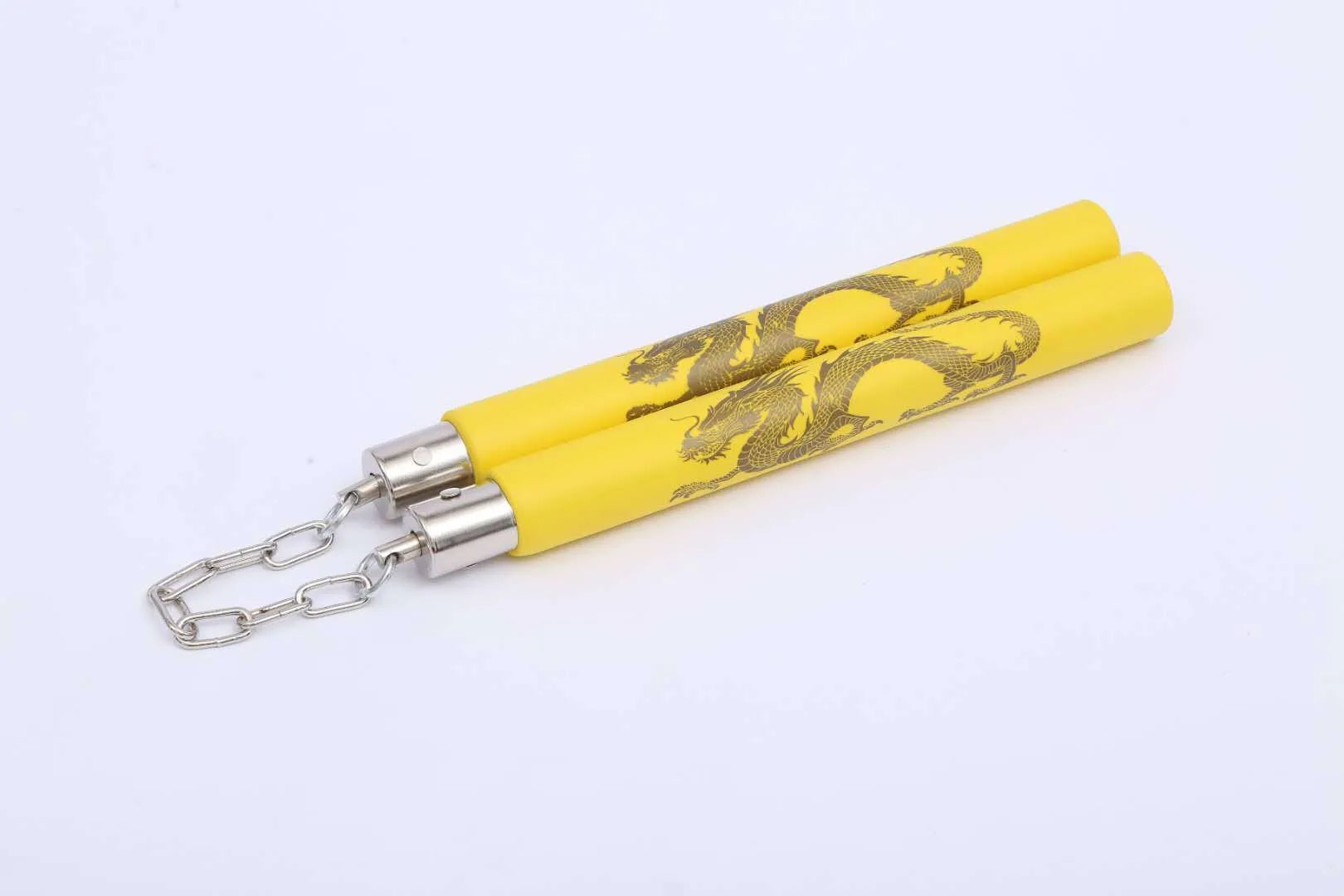 Red foam-covered training nunchakus with 28cm sticks connected by metal chain for martial arts practice