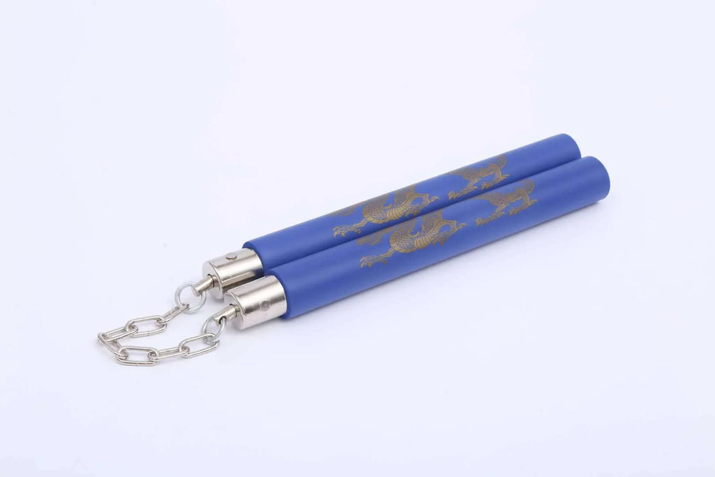 Red foam-covered training nunchakus with 28cm sticks connected by metal chain for martial arts practice