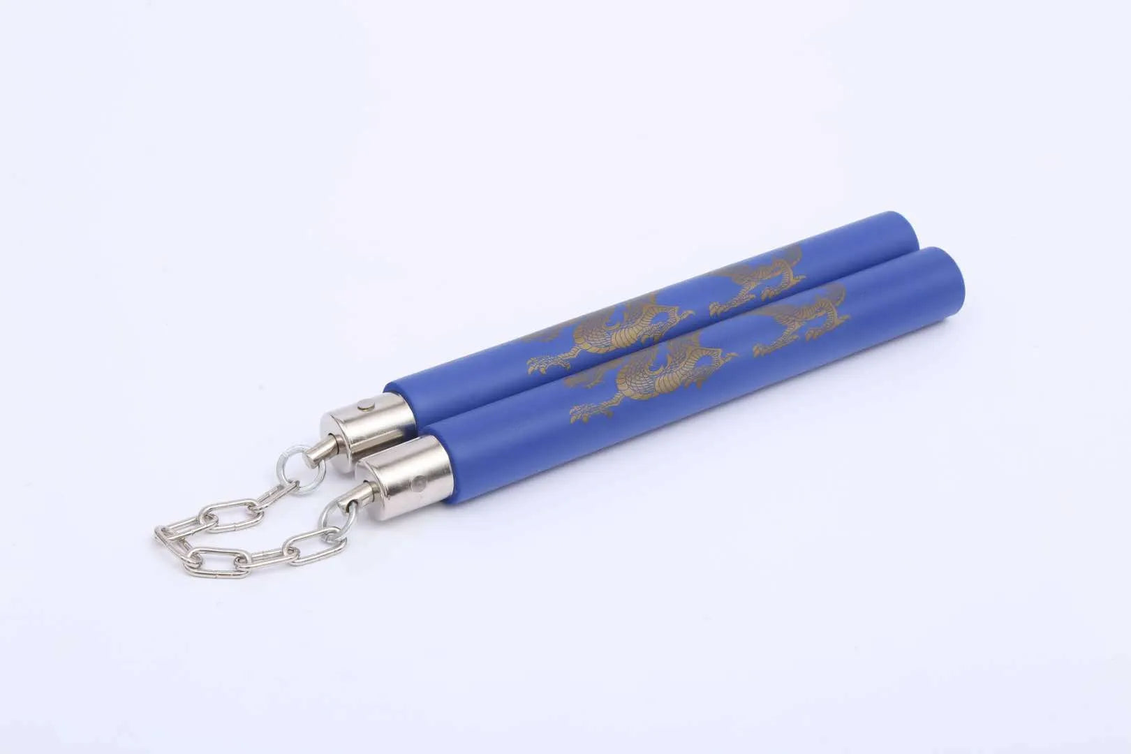 Red foam-covered training nunchakus with 28cm sticks connected by metal chain for martial arts practice