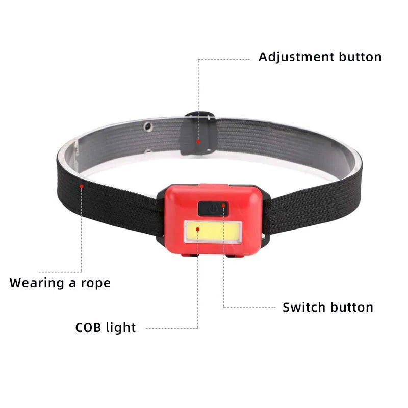 Compact black, blue, or red outdoor LED headlamp with adjustable strap on a grey background