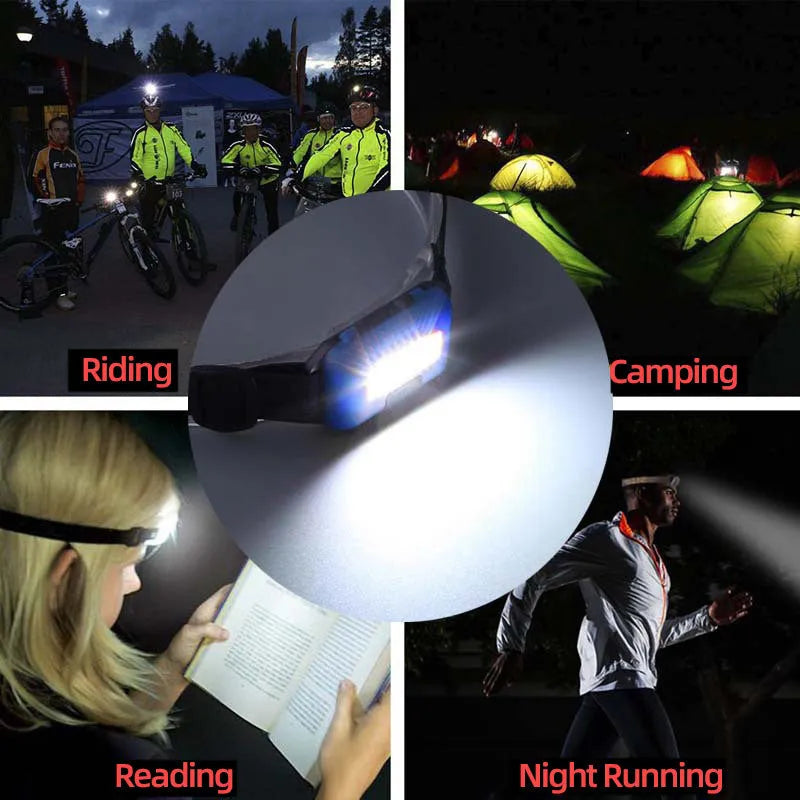 Compact black, blue, or red outdoor LED headlamp with adjustable strap on a grey background
