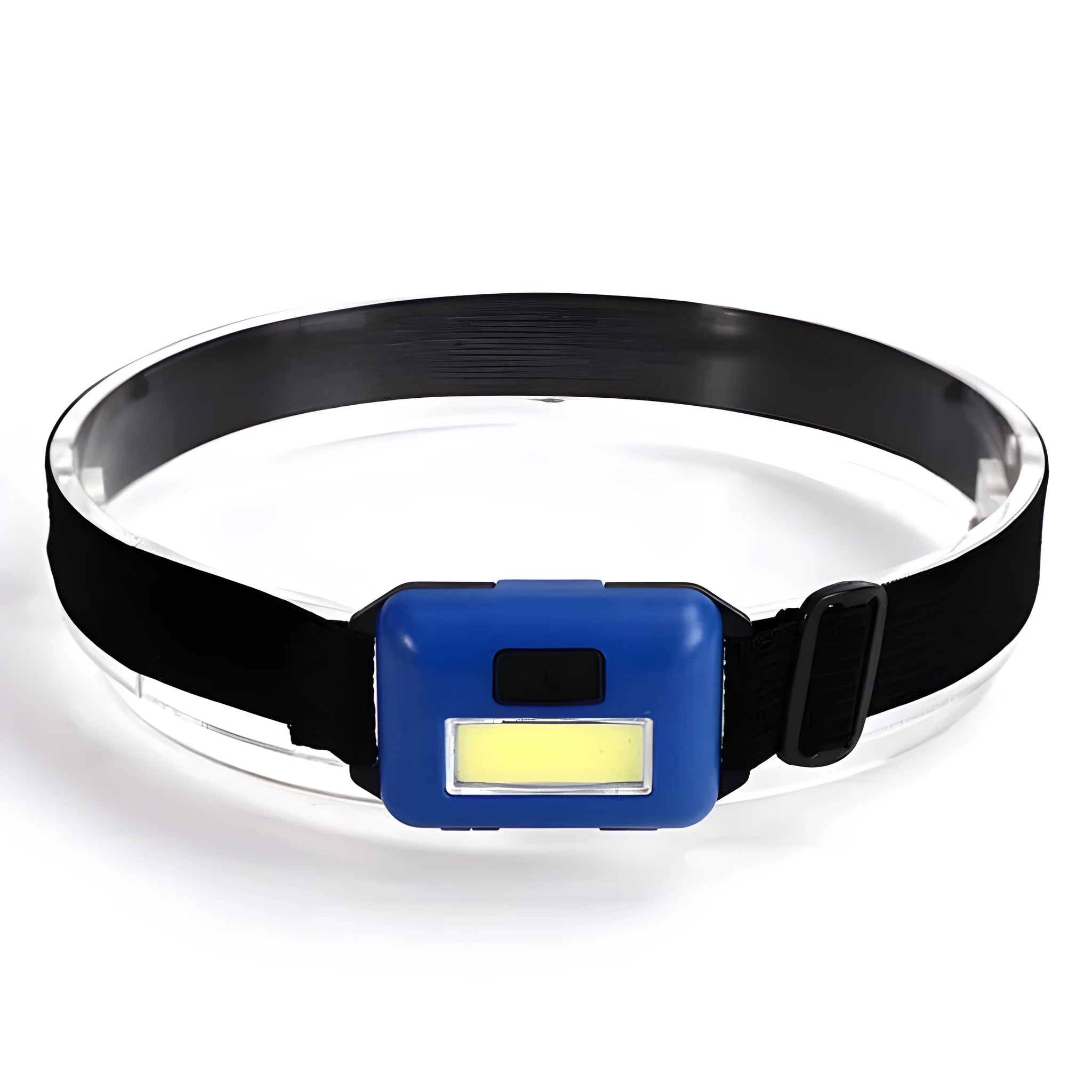 Compact black, blue, or red outdoor LED headlamp with adjustable strap on a grey background