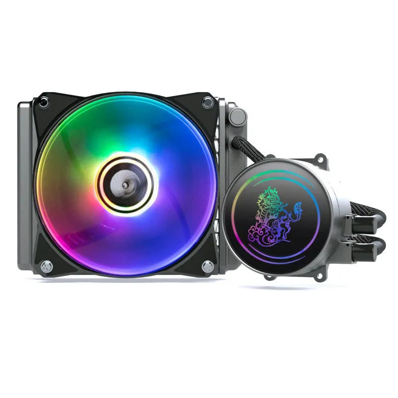 Kirin 240 CPU water cooling radiator with colourful ARGB fans on copper-aluminium heatsink