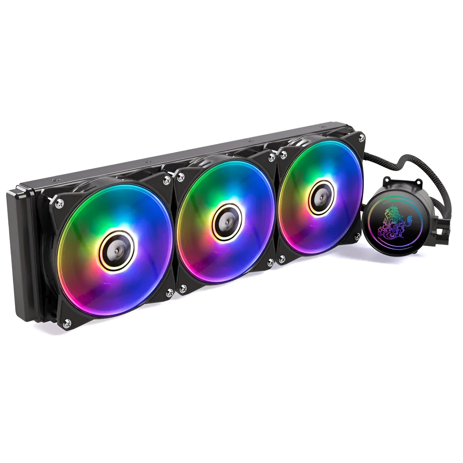 Kirin 240 CPU water cooling radiator with colourful ARGB fans on copper-aluminium heatsink