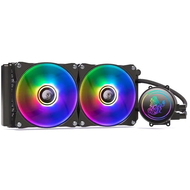 Kirin 240 CPU water cooling radiator with colourful ARGB fans on copper-aluminium heatsink