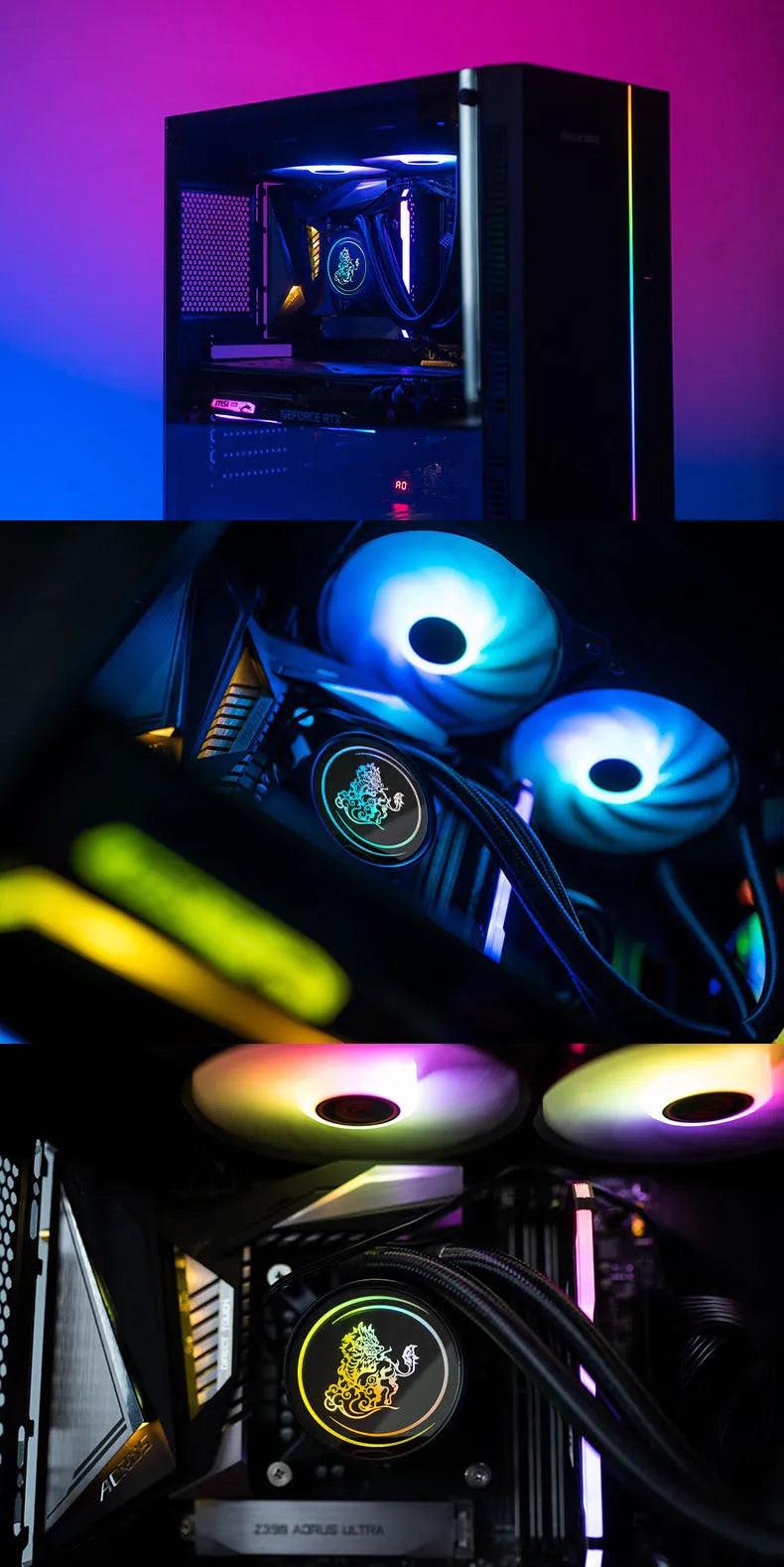 Kirin 240 CPU water cooling radiator with colourful ARGB fans on copper-aluminium heatsink