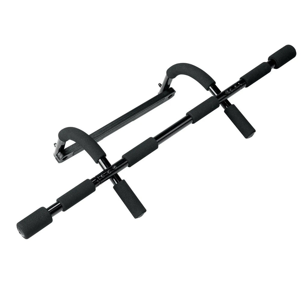 Black steel wall-mounted pull-up bar for indoor home gym strength training.
