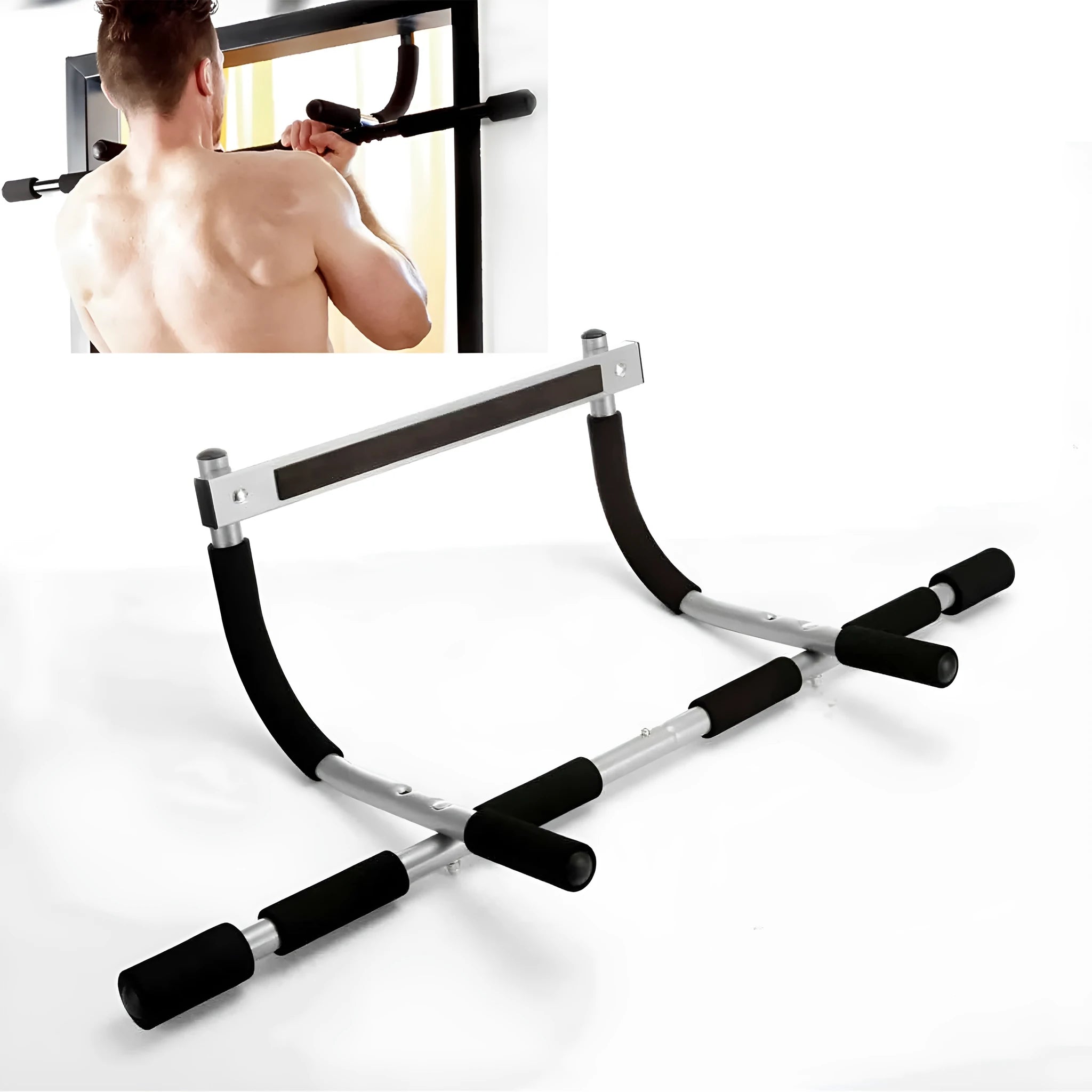 Black steel wall-mounted pull-up bar for indoor home gym strength training.