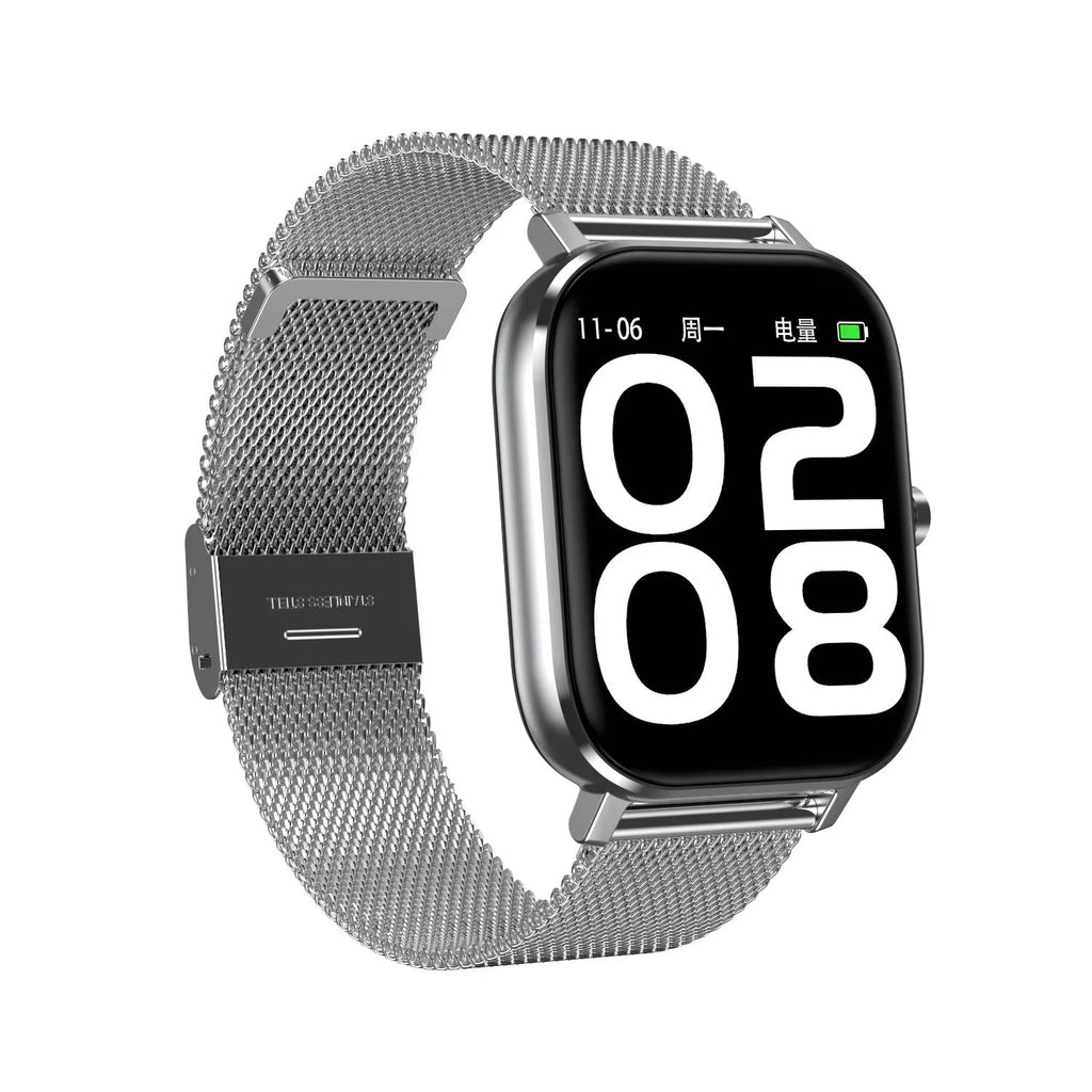 Smart bracelet with a 1.54-inch screen showing health stats, on a choice of silicone or metal mesh wrist strap.