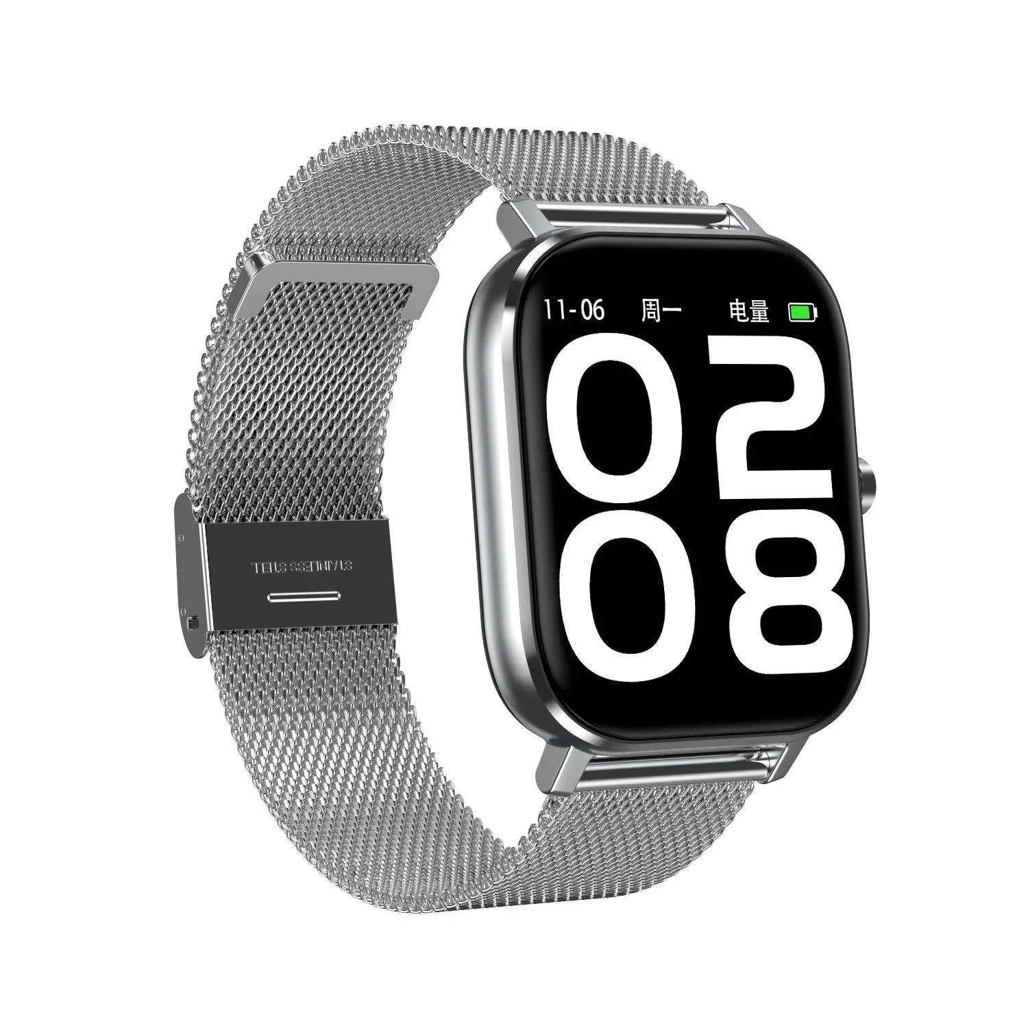 Smart bracelet with a 1.54-inch screen showing health stats, on a choice of silicone or metal mesh wrist strap.